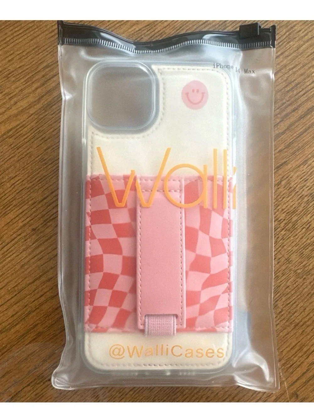 Walli iPhone 14 Plus White & Pink Checker Phone Case with Card Pocket and Strap